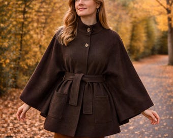 Cappotto a mantella da donna in lana - Giacca a mantella oversize da donna 100% lana Cook's, espresso, marrone, cioccolato, cioccolato fondente, tartufo al cacao