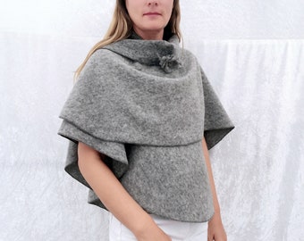 Woll-Cape Grau - Poncho Umhang aus Wolle in Grau, Anthrazit, Schwarz, Marine, Rot, Weinrot meliert - handgefertigt