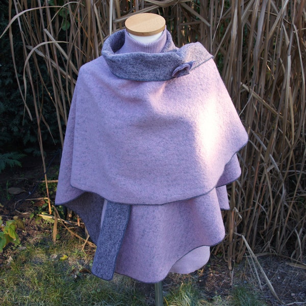 Cape Damen Poncho Umhang zum Wenden aus Wollwalk in Grau, Rosa, Anthrazit, Schwarz