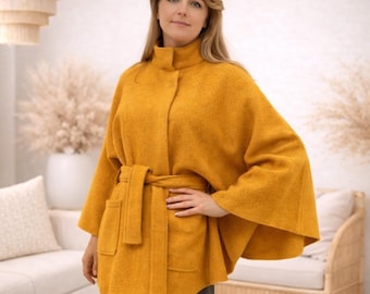 Cappotto-mantella da donna in lana - Oversize 100% lana - Lana cotta italiana senape giallo sole ambra bagliore miele - lana cotta