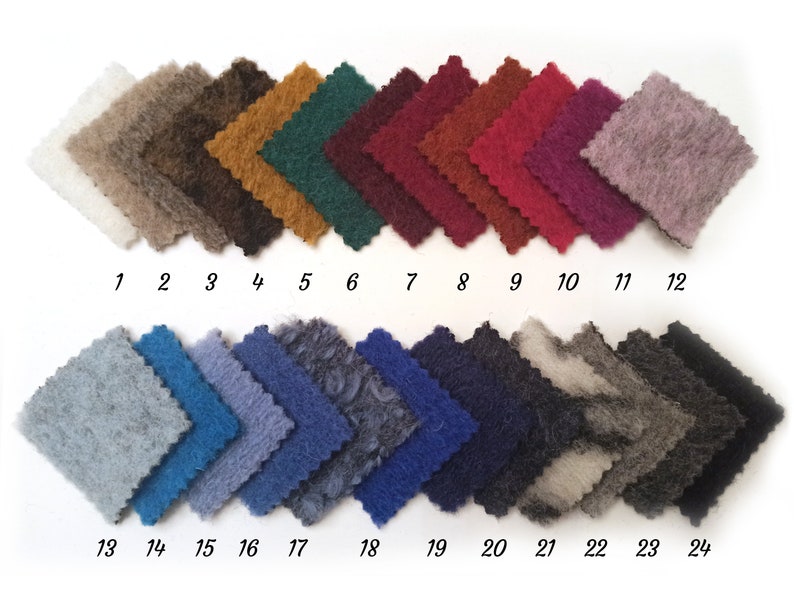 May include: A swatch card displaying 24 fabric samples. The samples are arranged in two rows of 12. Each sample is a different colour and texture. The numbers 1 to 24 are printed below the samples.