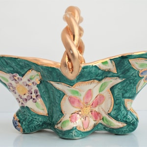 Quaregnon Basket After H. Bequet - Floral Green & Gilt, Belgium, 1940-50s