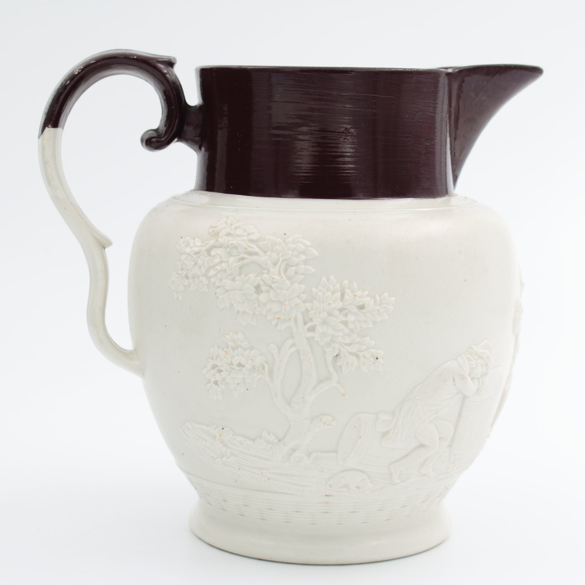 Sprigged Georgian Davenport Stoneware Jug Sprigged Scene of Topers White With ...