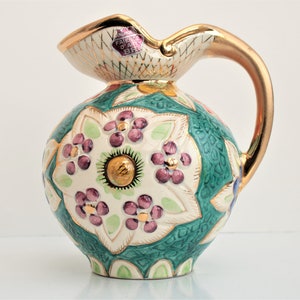 Quaregnon Jug After H. Bequet - Floral Green & Gilt, Belgium, 1940-50s