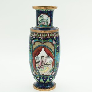 Antique Chinese Cloisonné Vase with Figure of Chinese Girl Playing Instrument