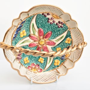 Quaregnon Basket After H. Bequet - Floral Green & Gilt, Belgium, 1940-50s