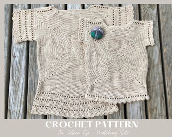 May include: Crochet pattern for a matching set of tops. The tops are made with a beige yarn and feature a circular design. The text "The Villena Top - Matching Set" is printed below the image.