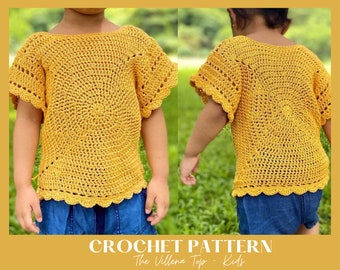 May include: Crochet pattern for a yellow kids' top called "The Villena Top". The top has a round, crocheted design and short, ruffled sleeves.