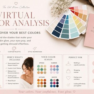 May include: A virtual color analysis information graphic featuring a fan-shaped color swatch deck, a pink card with the text you glow differently in your colors, and sections detailing a color season process with spring, summer, autumn, and winter palettes.