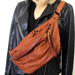 Sling Bag Leather Pouch bag fanny pack in Soft Leather Waist Bag Made in Italy BROWN