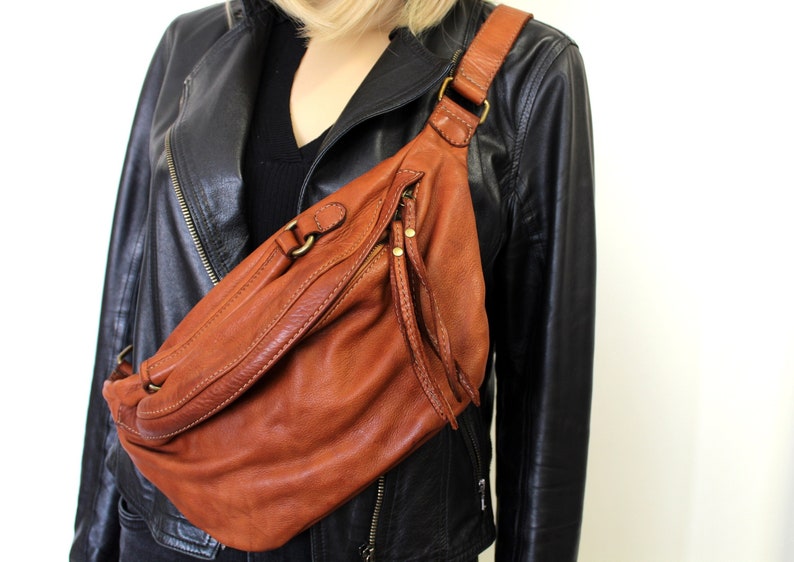 Sling Bag Leather Pouch bag fanny pack in Soft Leather Waist Bag Made in Italy BROWN
