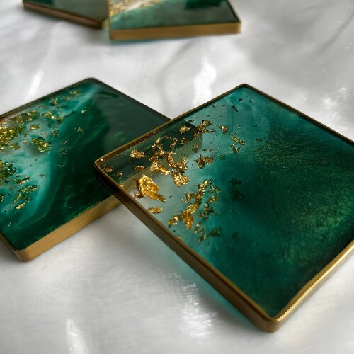 Handmade Emerald Green and Gold/silver Leaf Coasters and Etsy New Zealand