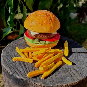 Fake Hamburger with Fries – Black Bun, Red Bun & More – for Restaurant Display and Stage Decoration