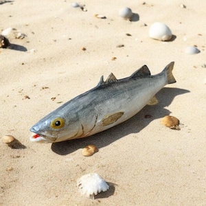 May include: A realistic, gray and silver fish sculpture with yellow eyes and a red mouth lies on a sandy beach. The fish has detailed fins and scales, and is surrounded by small shells and pebbles.