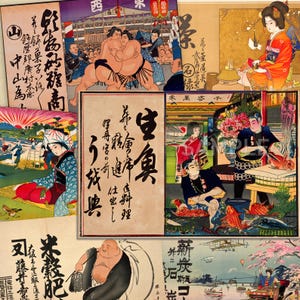 Könnte beinhalten: Eine Collage aus japanischen Holzschnitten im Vintage-Stil. Die Bilder zeigen Szenen des Sumo-Ringens, Geishas und des täglichen Lebens. Kalligraphie und Text sind in mehreren Drucken sichtbar und tragen zum historischen und künstlerischen Wert der Sammlung bei.