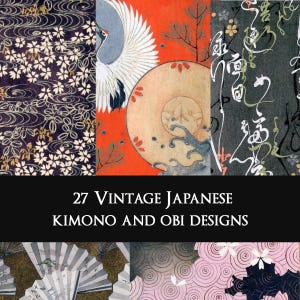 May include: A collection of 27 vintage Japanese kimono and obi designs featuring diverse patterns including white cherry blossoms on dark purple, a crane on orange, black calligraphy, white fans, and pink swirling clouds with floral accents.