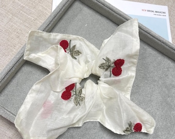 Handmade Sheer Scrunchie: White Cherry Embroidery, Soft Fabric.