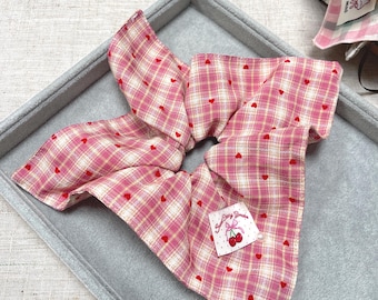 Pink Plaid Scrunchie: Red Hearts, Cherry Bow Hair Accessory