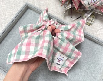 Pink Green Plaid Scrunchie: Handmade Cotton Hair Tie with Cat Tag.