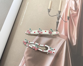 Handmade Cherry Hair Clip, Retro Polka Dot Barrette.
