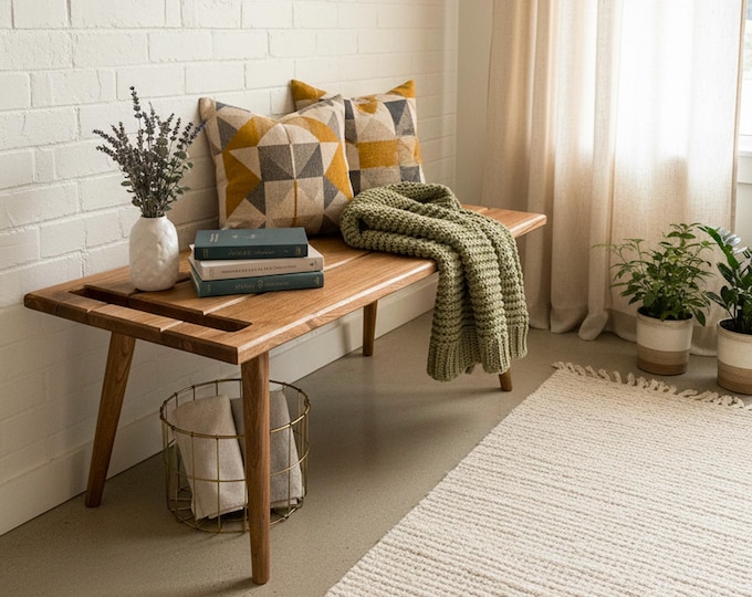 Featured listing image: Handcrafted wooden bench made of solid wood – ideal as a seat with a practical slot for a blanket, as a stove bench or side table