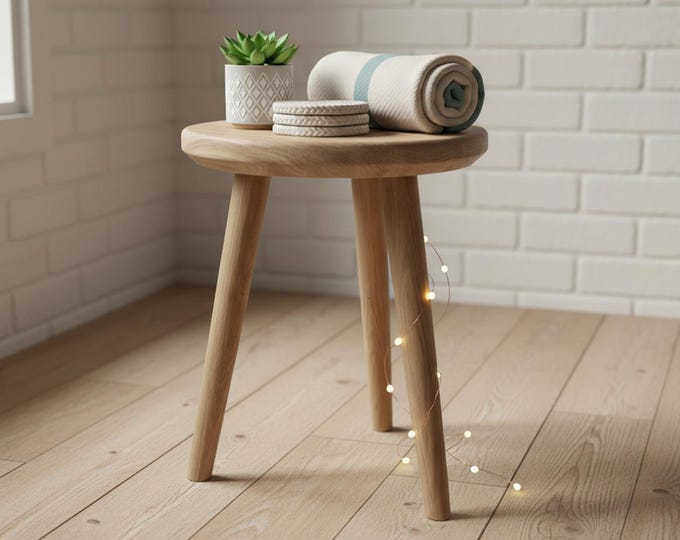 Featured listing image: Walden Stool - minimalist three-legged wooden stool, handcrafted from solid wood, for sitting or as a side table for decoration