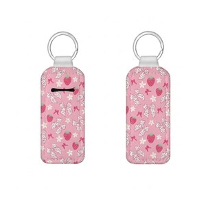 Strawberry Bow Chapstick Holder Keychain, Pink Neoprene Lip Balm Holder, Daisy Pattern Accessory