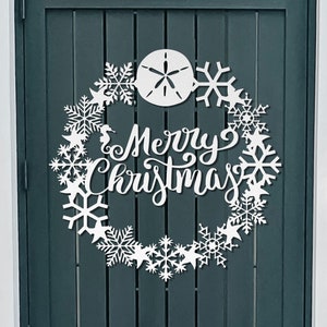 Beach Christmas Wreath, Merry Christmas Word Wreath Sign White, Winter Coastal Snowflake Nautical Beachy Theme Xmas Outdoor Front Door Decor