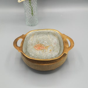 Vintage metal bowl with fish for small things, a dish for storing small items, keys, coins, a brass tray with handles for small items