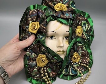 Vintage Venetian mask in green/brown/gold colours, ceramic mask wall decor, Italian mask, carnival mask, gift for Italy lover, collector