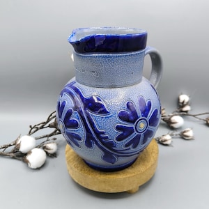 Vintage blue jug with dark blue flowers, Alsatian ceramics, traditional jug from Alsace,  jug vase as stunning gift for any ocassion