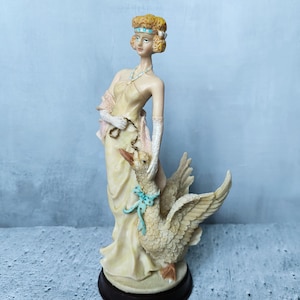 Vintage statuette Lady with goose on a chain, extravagant lady in jazz age style, elegant lady, art deco lady, chic lady, gift for collector