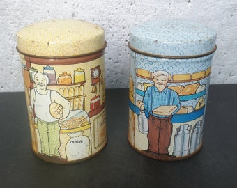 Stare puszki z piekarzem i serowarem, okrągła puszka, para puszek z pokrywką, wystrój kuchni/domu, kolekcjonerstwo