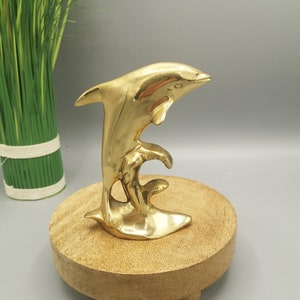 Vintage Dolphin figurine on a wave, gold coloured dolphin figurine, brass Dolphin as table decor, gift for any occasion, Dolphin collector