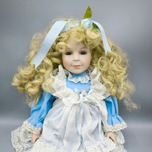 Vintage porcelain doll, beautiful big doll with curly golden hair, stunning collectible blonde doll as a gift for child, collector