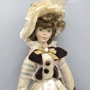 Vintage Victorian doll in a puffy dress, porcelain doll collection, collectible doll with a stand, collectors gift