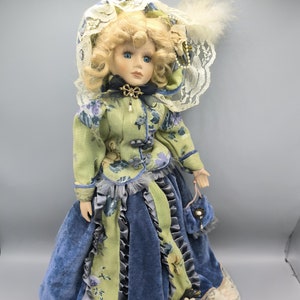 Vintage 1980s Victorian doll in gorgeous pale green and blue outfit, porcelain blonde doll, rare beautiful doll as a collectors gift