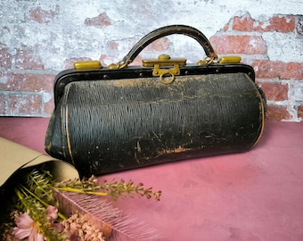 Vintage Doctor's Bag 1930s, Travelling Leather Bag, Antique Black