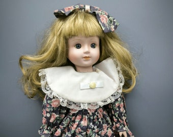 Vintage porcelain doll, nice doll with bow and curly golden hair, retro style doll, collectible doll as a gift for child, girl, collector