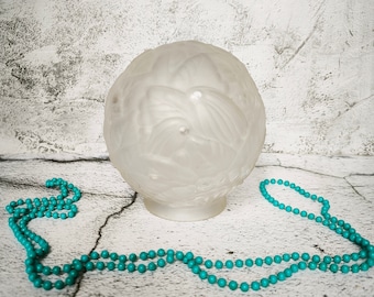 Vintage art deco lamp made of thick 1950s glass, small round floral motif lamp, early 20th century glass lamp shade for any room