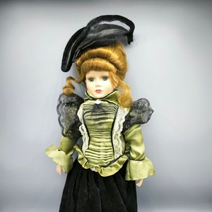 Vintage porcelain doll in Victorian dress, beautiful collectible doll 70s in black and green dress, a gift for collector, home decor