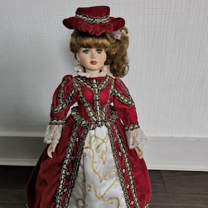 Vintage porcelain doll in gorgeous red royal outfit, royal doll, aristocrat doll, beauty doll, queen doll, court lady, chic collectible gift