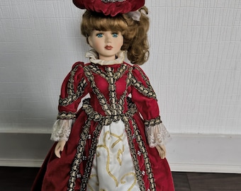 Vintage porcelain doll in gorgeous red royal outfit, royal doll, aristocrat doll, beauty doll, queen doll, court lady, chic collectible gift