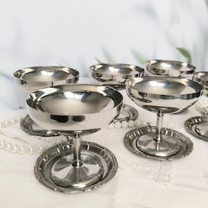 Vintage Eis- / Dessertschalen-Set mit runden Untertassen, Edelstahl, Retro-Eis- / Dessertteller, Geschenk im antiken Stil, Sammlergeschenk