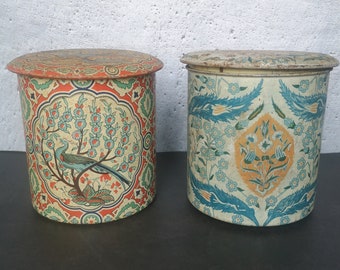 Stunning vintage round tin cans, Art Nouveau style, early 20th century, collectible