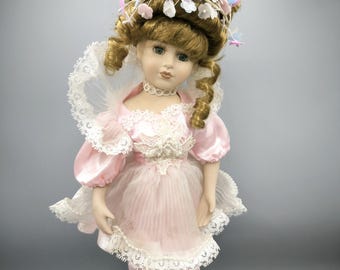 Vintage porcelain ballerina doll in light pink outfit, doll collection 1970-80s, ballerina collectors gift
