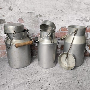 Vintage milk cans, 3 aluminum cans with lids and handles, vintage set of cans, farm house/rustic decor, milk cans as cafe or shop decoration