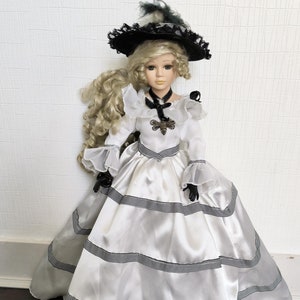 Vintage porcelain doll CMP Paris 80s, rare large doll from the collection ‘Dolls of France’, historical doll in chic black and white outfit