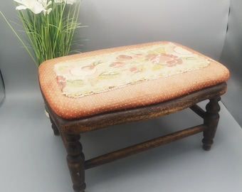 Vintage French stool, wooden footstool, cat stool, vintage rustic stool, tapestry stool, small vintage gift, home decor