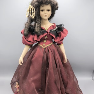 Vintage porcelain doll in lush burgundy dress, chic brunette doll, Victorian doll, collectible gift, room decor